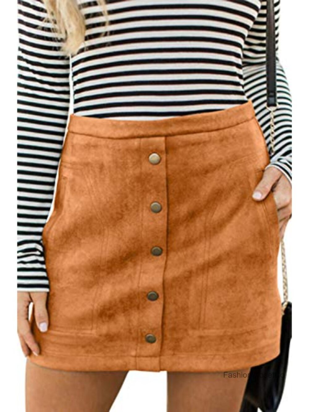 Faux Suede High Waist A-Line Mini Skirt with Pockets Button Front